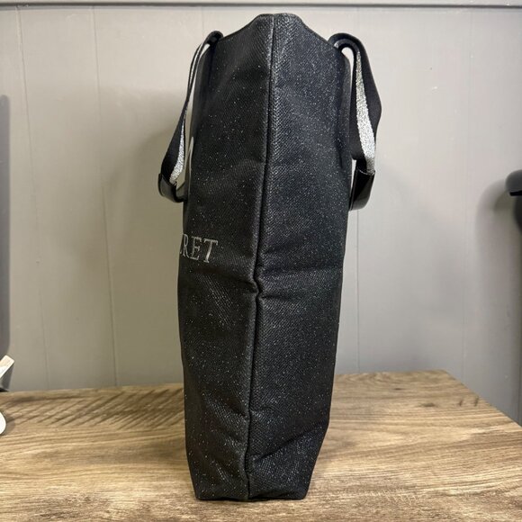 Victorias Secret Black Glitter Canvas Tote Bag With Logo & Striped Handles - Picture 6 of 9